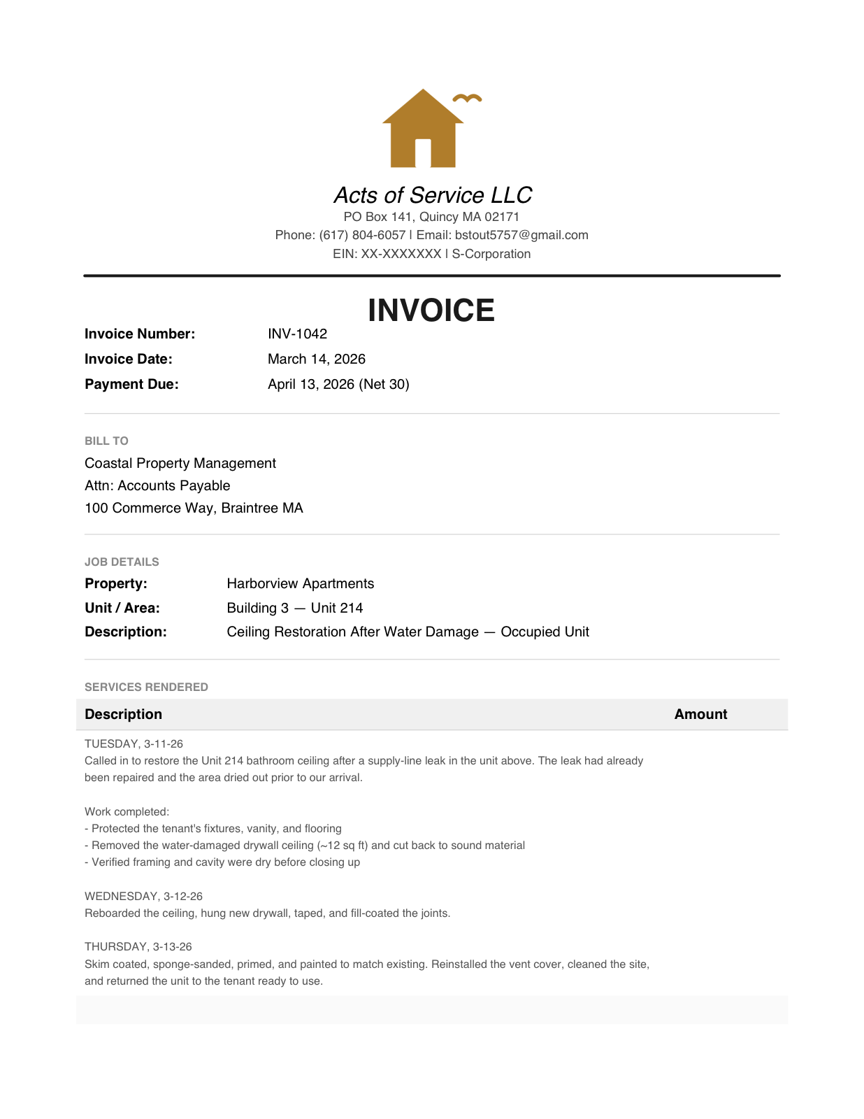 Sample Acts of Service invoice showing a dated, plain-English log of work performed