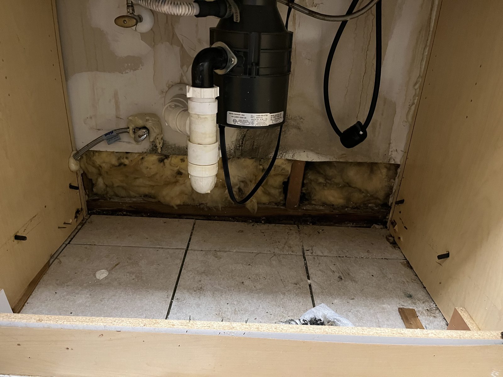 Under-sink cabinet base with water damage and mold